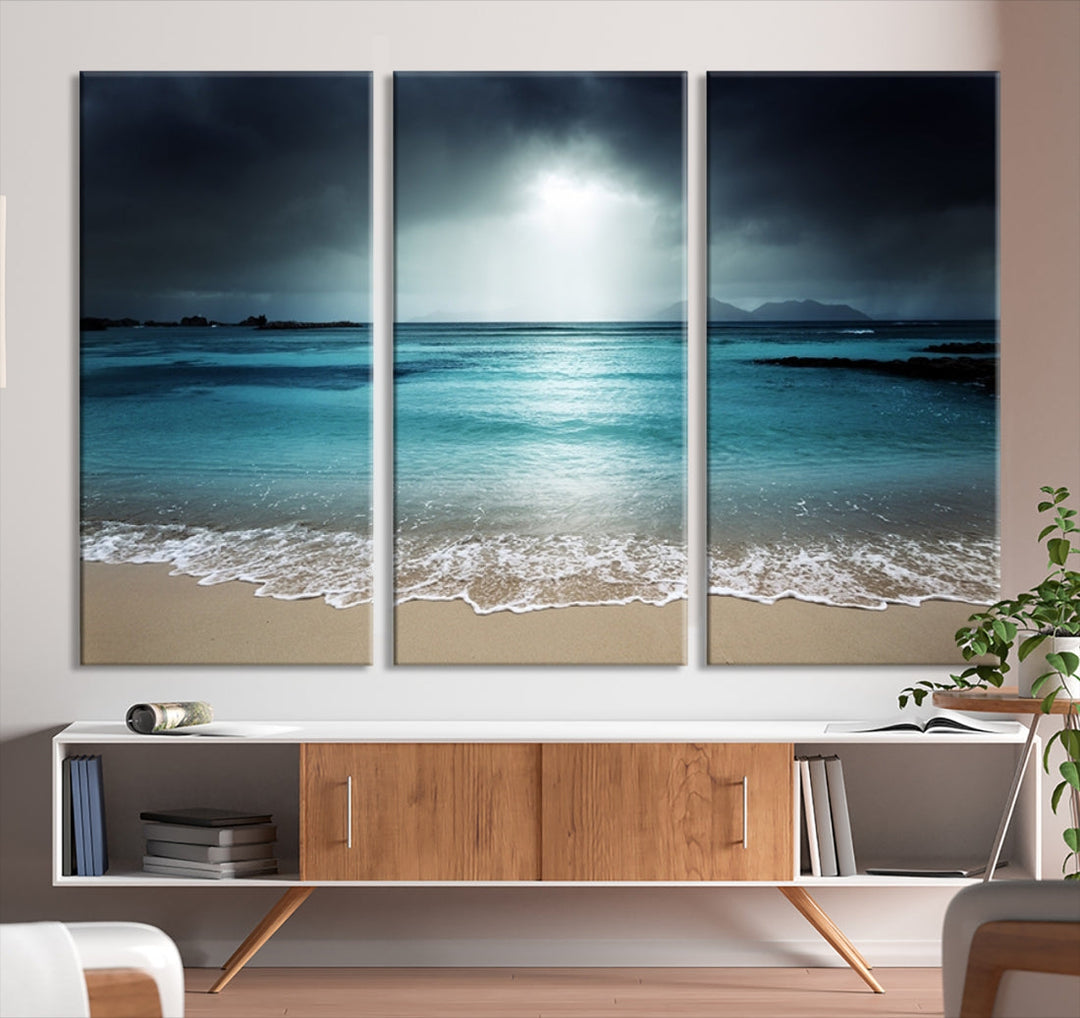 Dark Sky Bright Ocean Beach Large Wall Art Canvas Print