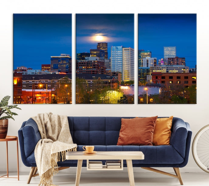 Denver Night Picture Print on Canvas Blue Skyline Cityscape Wall Art Framed