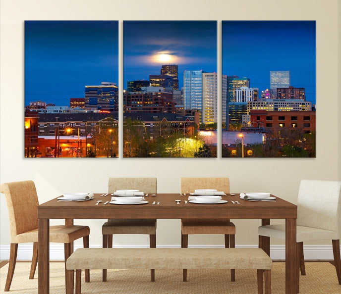 Denver Night Picture Print on Canvas Blue Skyline Cityscape Wall Art Framed