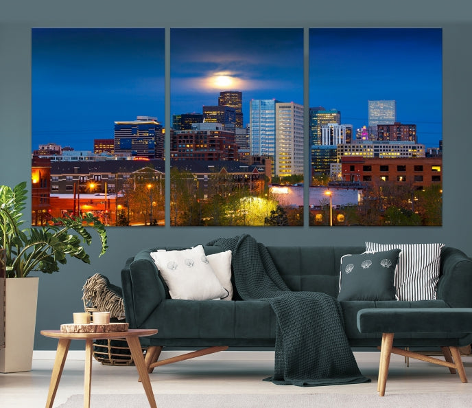 Denver Night Picture Print on Canvas Blue Skyline Cityscape Wall Art Framed