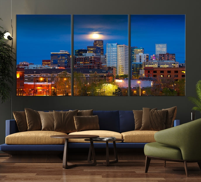 Denver Night Picture Print on Canvas Blue Skyline Cityscape Wall Art Framed