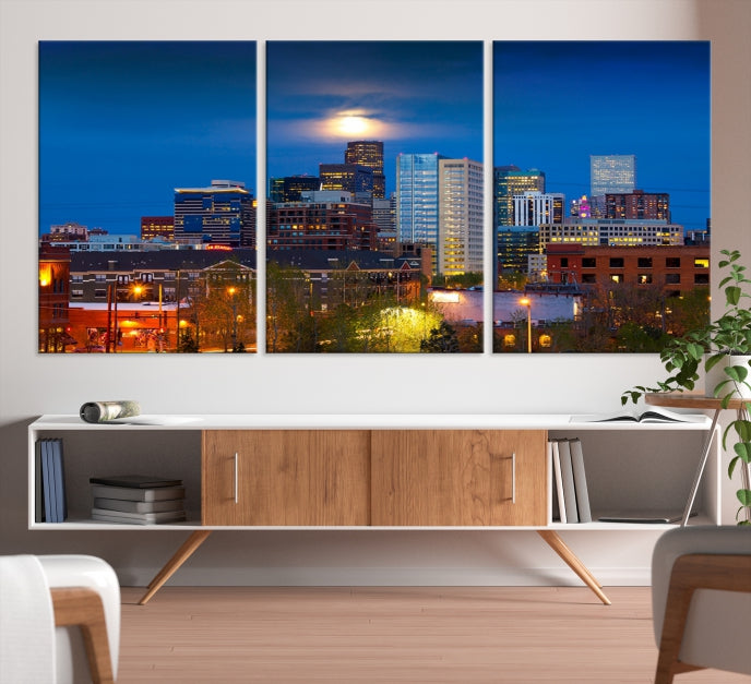 Denver Night Picture Print on Canvas Blue Skyline Cityscape Wall Art Framed