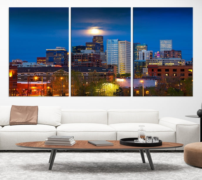 Denver Night Picture Print on Canvas Blue Skyline Cityscape Wall Art Framed