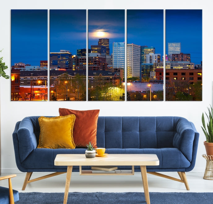 Denver Night Picture Print on Canvas Blue Skyline Cityscape Wall Art Framed