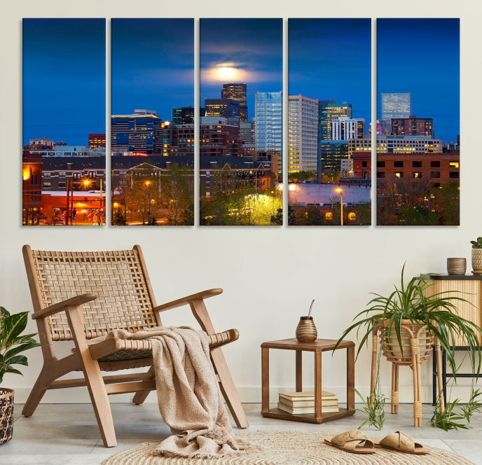 Denver Night Picture Print on Canvas Blue Skyline Cityscape Wall Art Framed