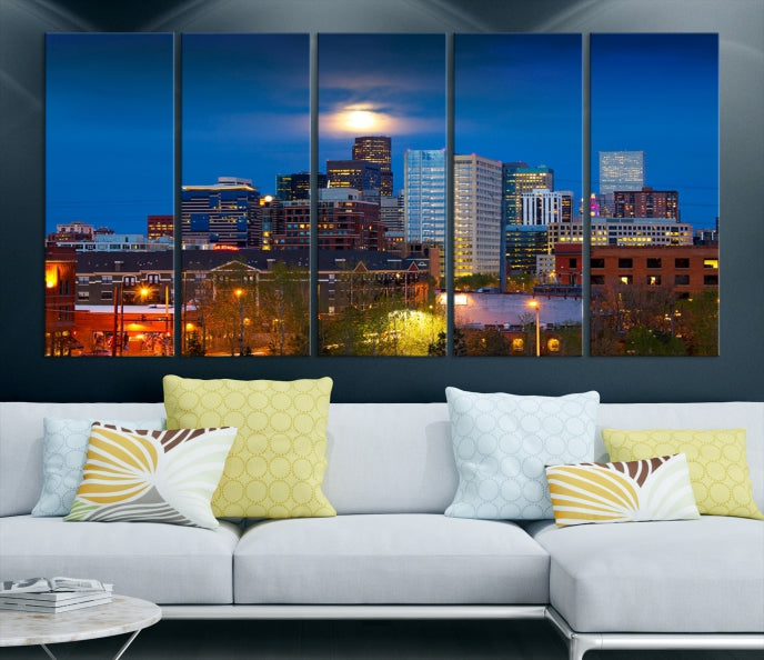 Denver Night Picture Print on Canvas Blue Skyline Cityscape Wall Art Framed