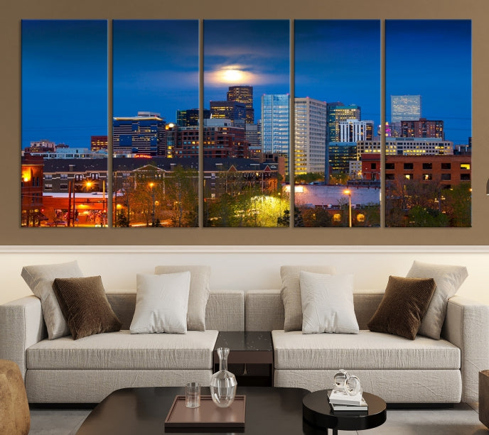 Denver Night Picture Print on Canvas Blue Skyline Cityscape Wall Art Framed