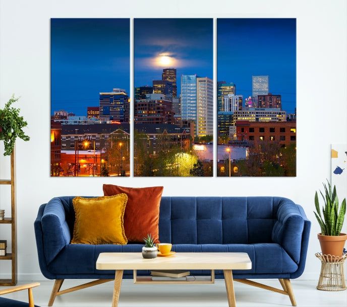 Denver Night Picture Print on Canvas Blue Skyline Cityscape Wall Art Framed