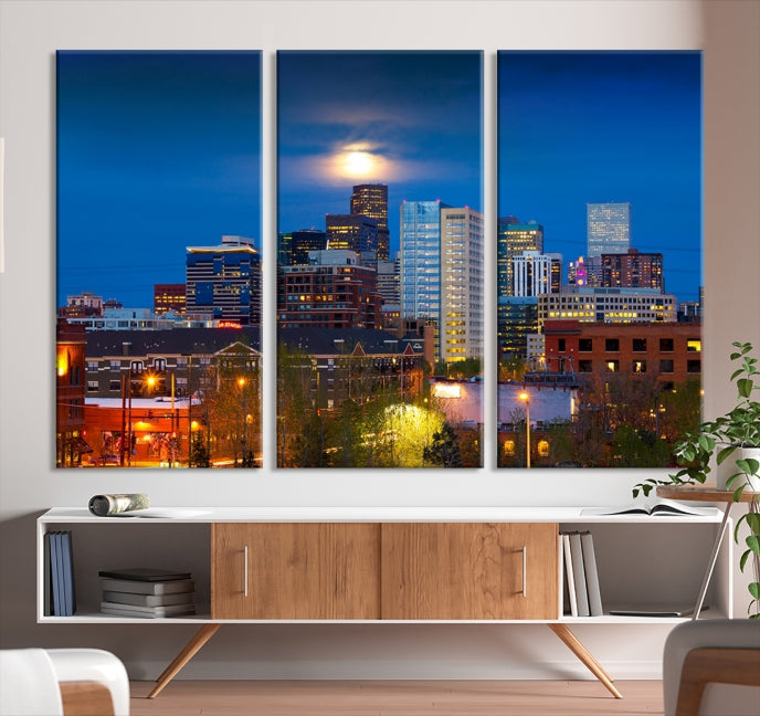 Denver Night Picture Print on Canvas Blue Skyline Cityscape Wall Art Framed