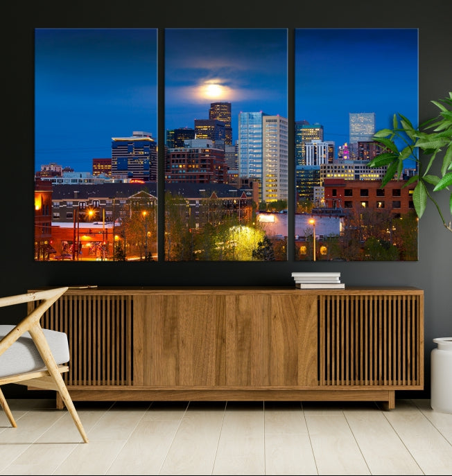 Denver Night Picture Print on Canvas Blue Skyline Cityscape Wall Art Framed