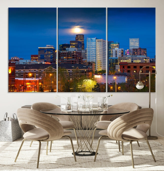 Denver Night Picture Print on Canvas Blue Skyline Cityscape Wall Art Framed