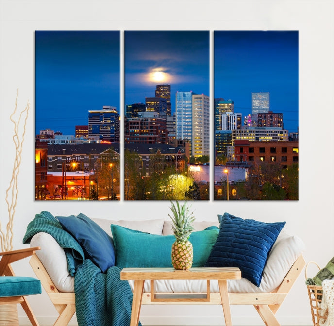 Denver Night Picture Print on Canvas Blue Skyline Cityscape Wall Art Framed