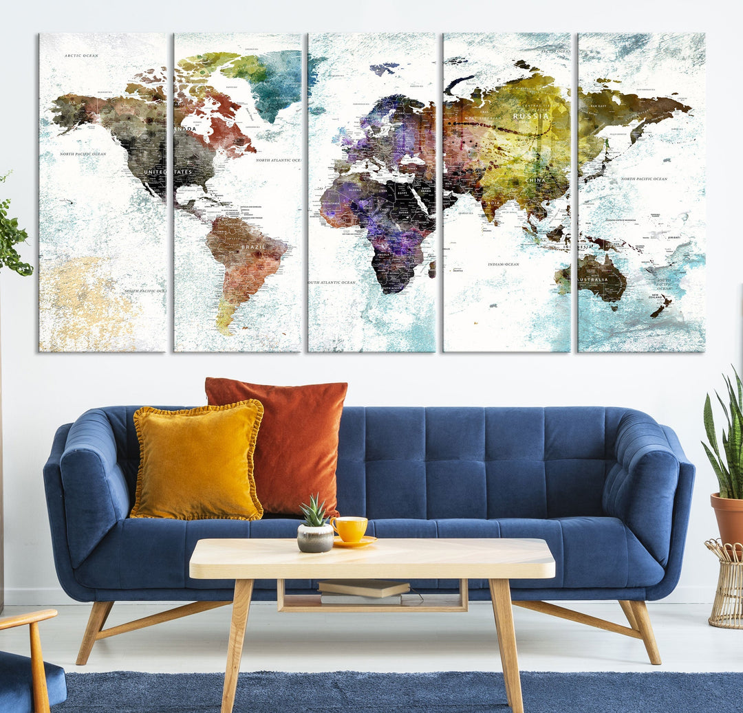 Detailed Large Wall Art World Map Canvas Print for Office Decor