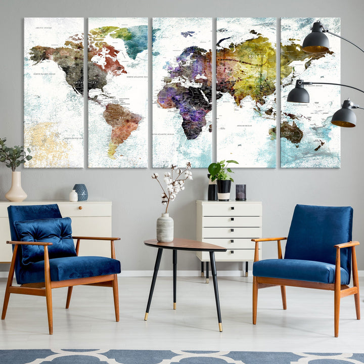 Detailed Large Wall Art World Map Canvas Print for Office Decor