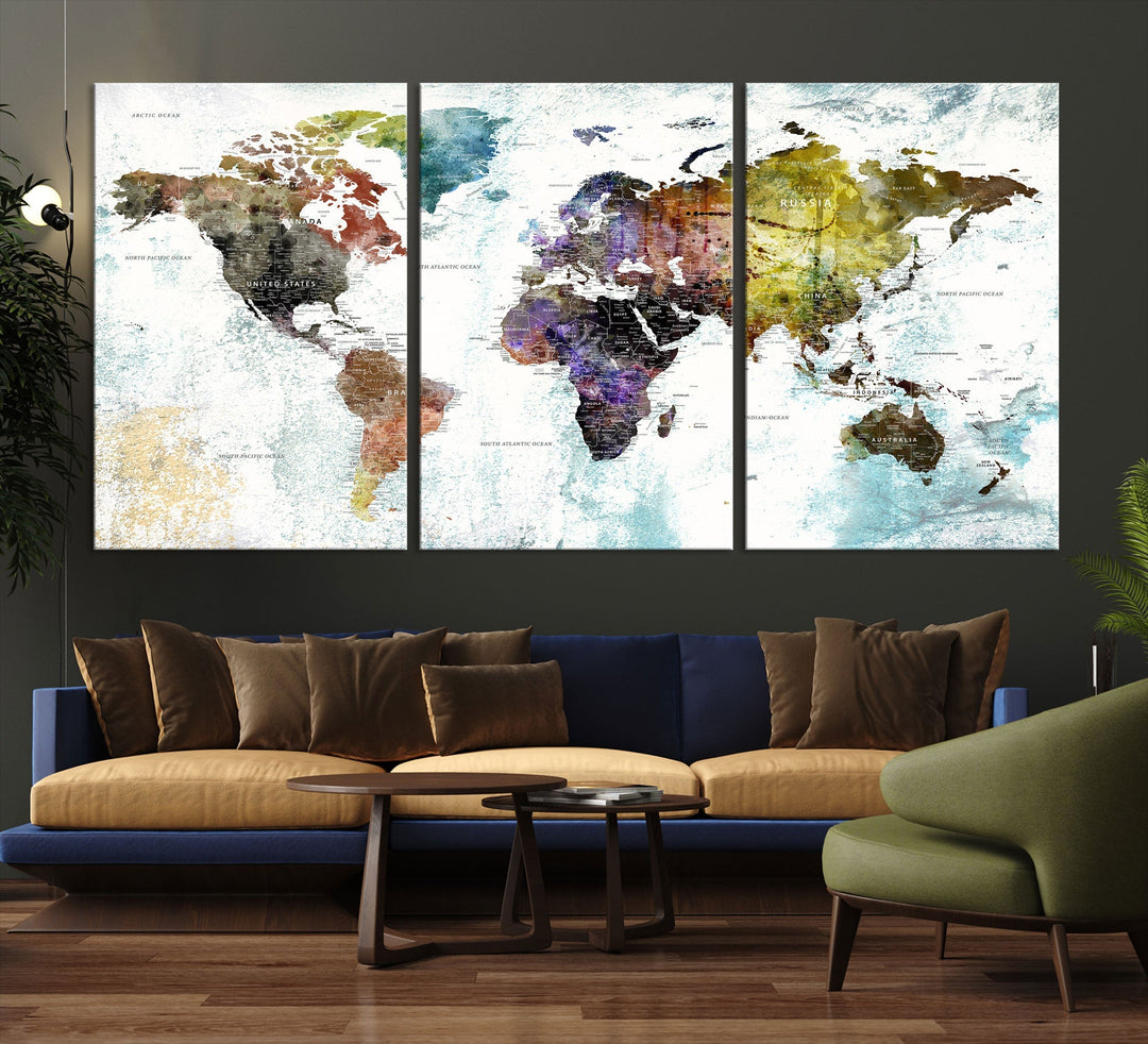 Detailed Large Wall Art World Map Canvas Print for Office Decor