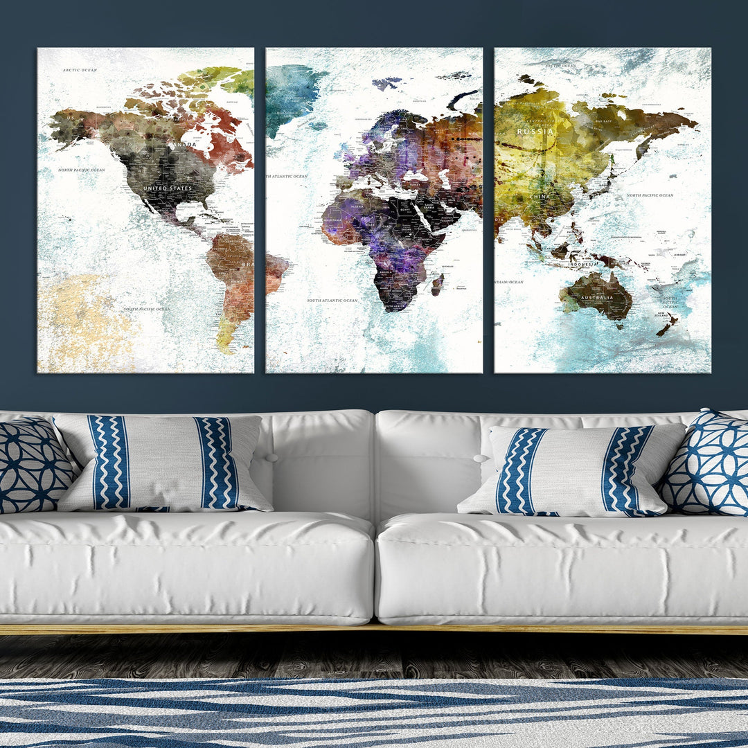 Detailed Large Wall Art World Map Canvas Print for Office Decor