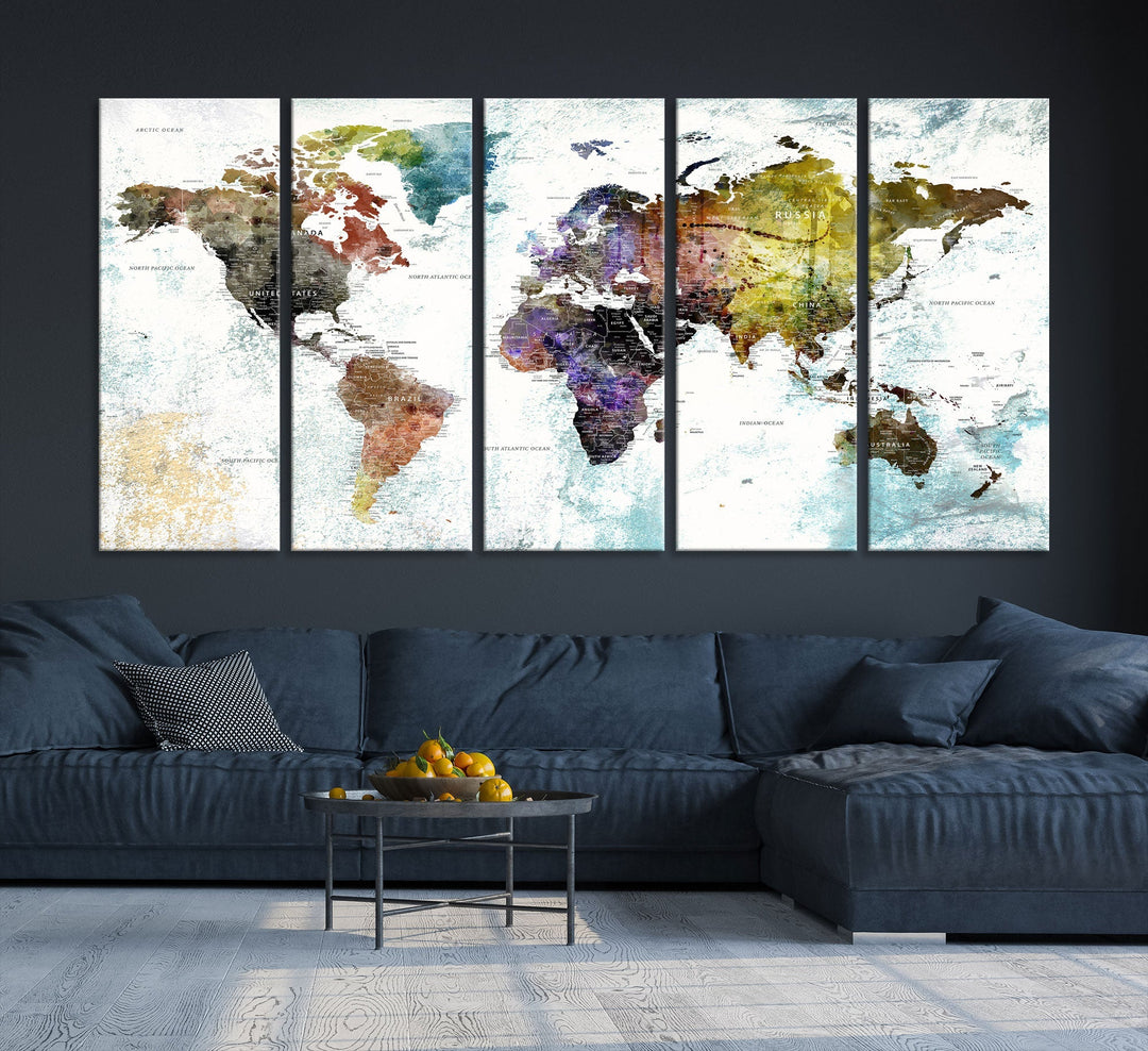 Detailed Large Wall Art World Map Canvas Print for Office Decor