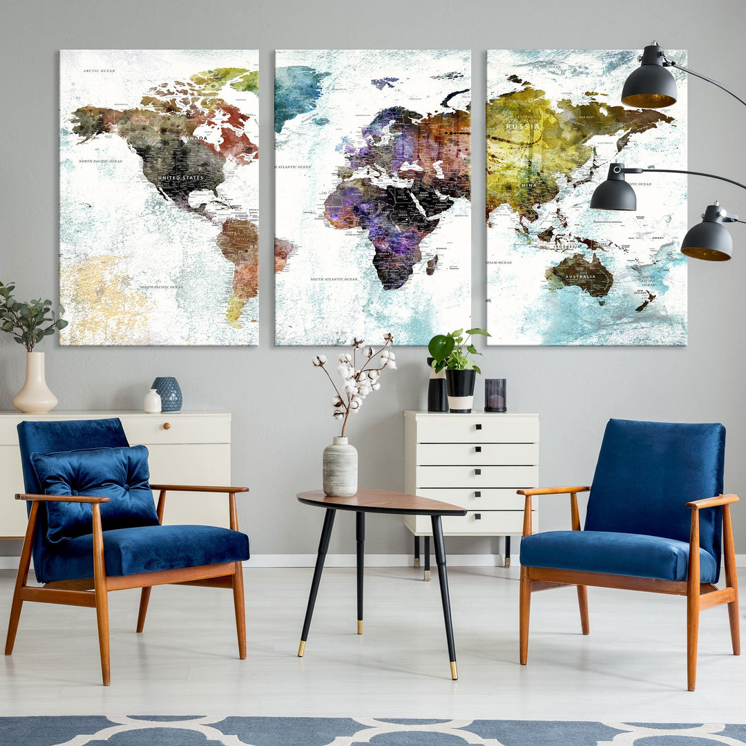 Detailed Large Wall Art World Map Canvas Print for Office Decor