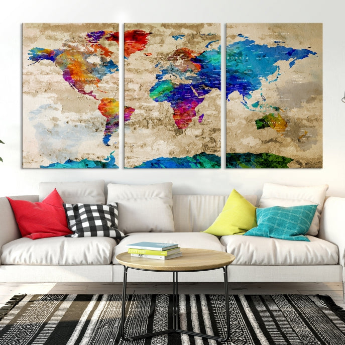 Detailed Push Pin Large World Map Canvas Wall Art Print Gift Ideas for Traveler