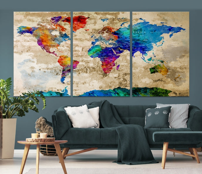 Detailed Push Pin Large World Map Canvas Wall Art Print Gift Ideas for Traveler