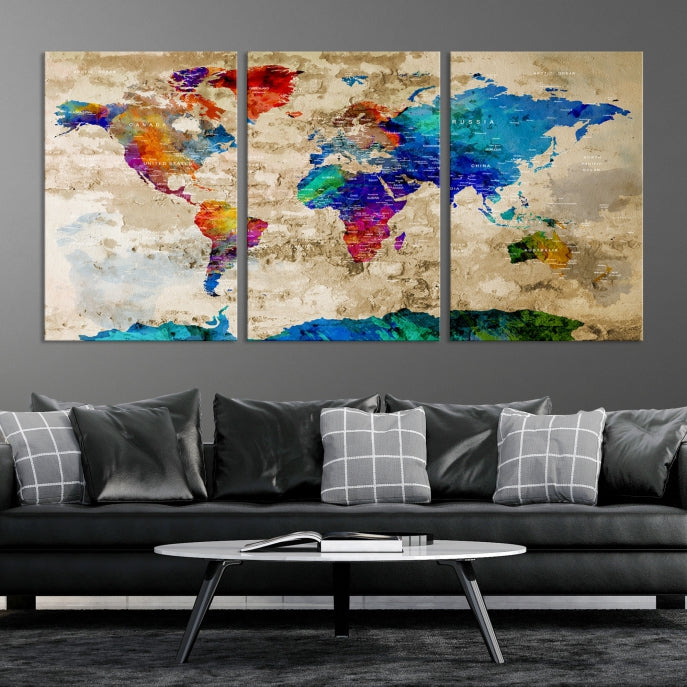 Detailed Push Pin Large World Map Canvas Wall Art Print Gift Ideas for Traveler