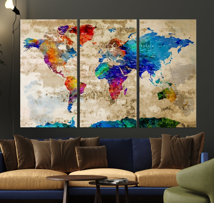 Detailed Push Pin Large World Map Canvas Wall Art Print Gift Ideas for Traveler