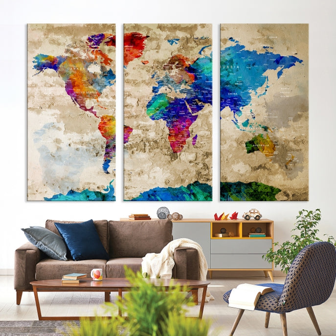 Detailed Push Pin Large World Map Canvas Wall Art Print Gift Ideas for Traveler