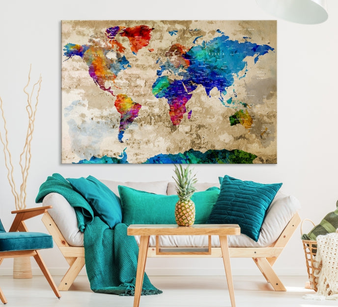 Detailed Push Pin Large World Map Canvas Wall Art Print Gift Ideas for Traveler