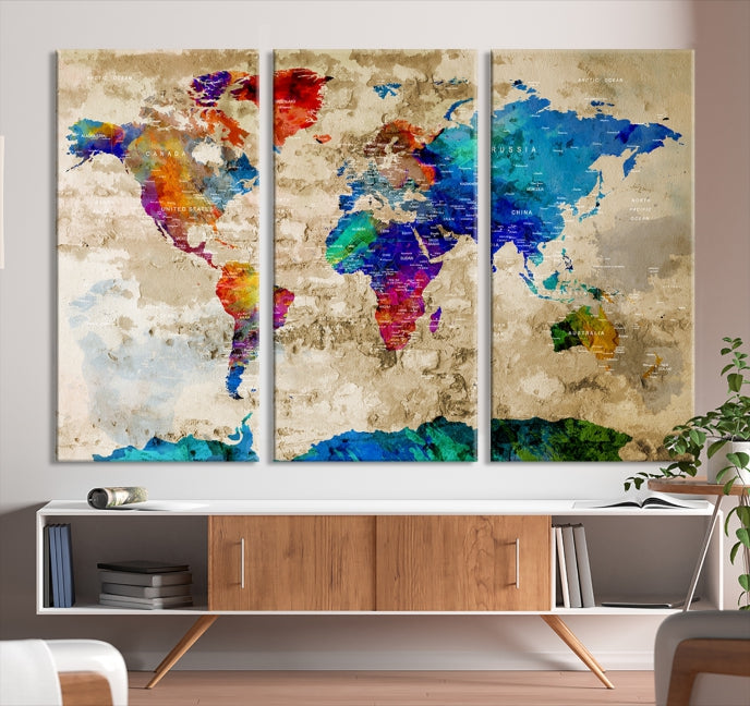 Detailed Push Pin Large World Map Canvas Wall Art Print Gift Ideas for Traveler