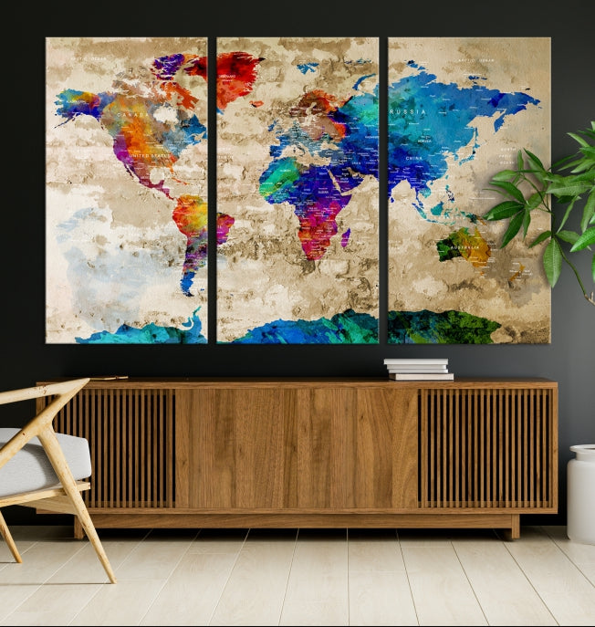 Detailed Push Pin Large World Map Canvas Wall Art Print Gift Ideas for Traveler