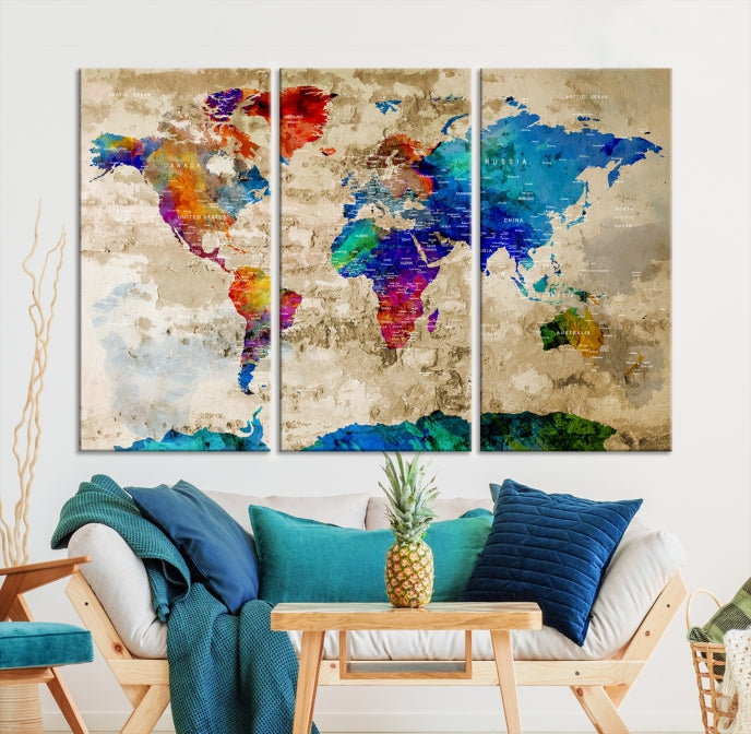 Detailed Push Pin Large World Map Canvas Wall Art Print Gift Ideas for Traveler