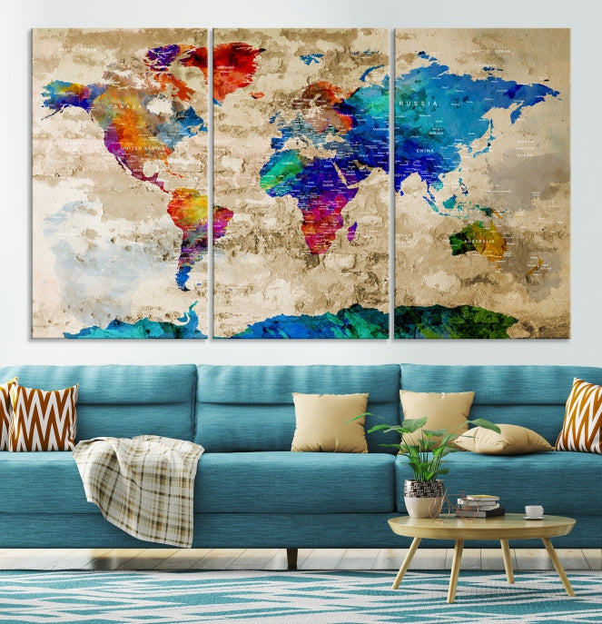 Detailed Push Pin Large World Map Canvas Wall Art Print Gift Ideas for Traveler