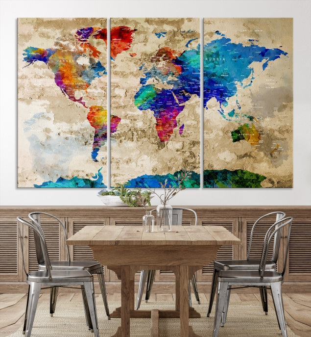 Detailed Push Pin Large World Map Canvas Wall Art Print Gift Ideas for Traveler