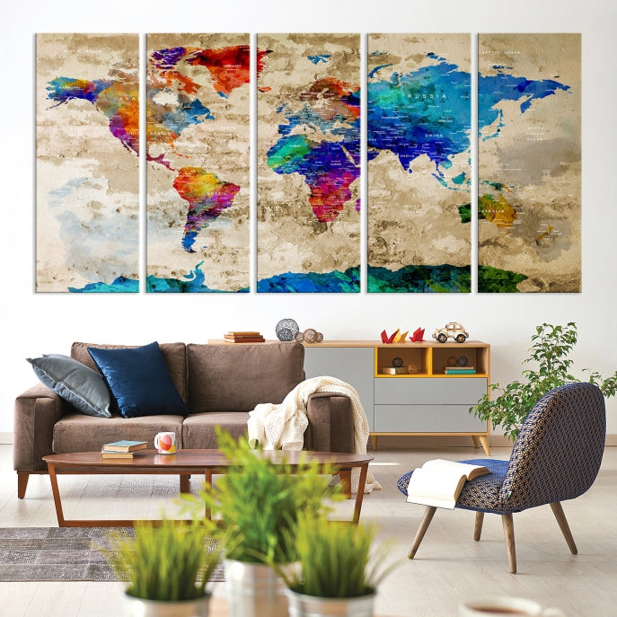 Detailed Push Pin Large World Map Canvas Wall Art Print Gift Ideas for Traveler