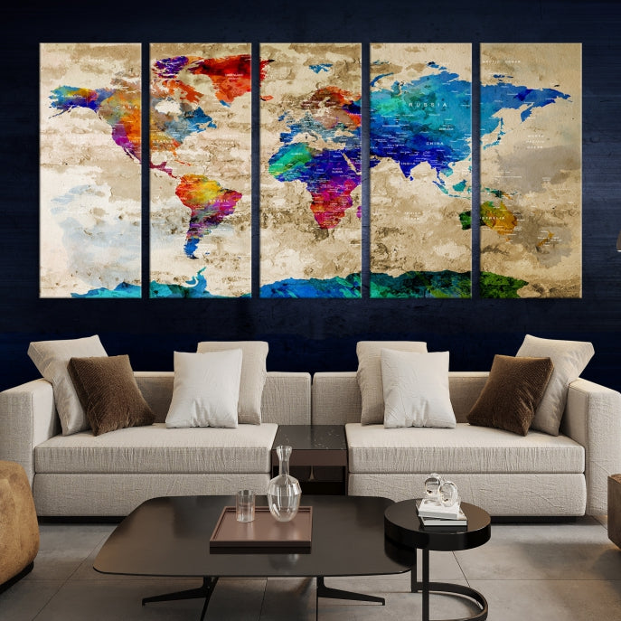 Detailed Push Pin Large World Map Canvas Wall Art Print Gift Ideas for Traveler