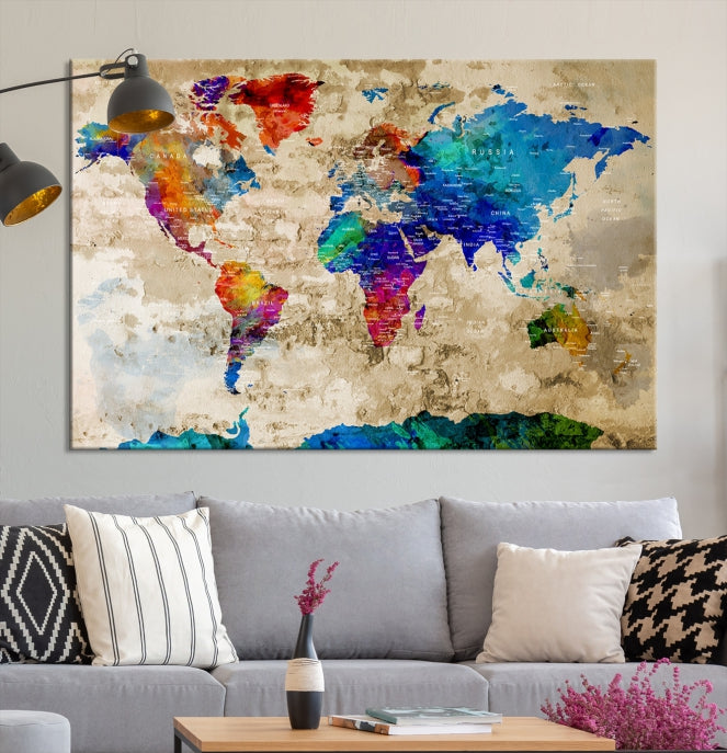 Detailed Push Pin Large World Map Canvas Wall Art Print Gift Ideas for Traveler