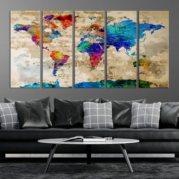 Detailed Push Pin Large World Map Canvas Wall Art Print Gift Ideas for Traveler