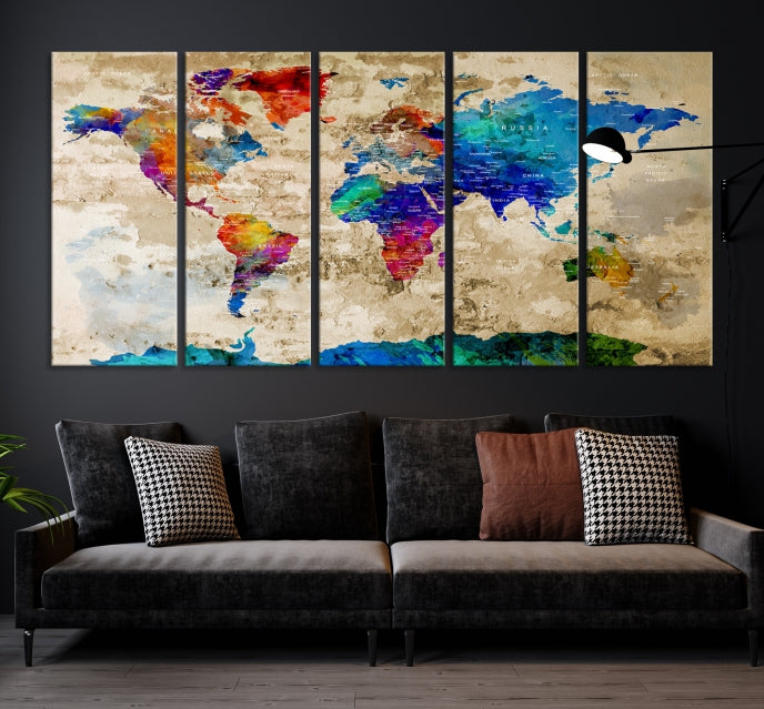 Detailed Push Pin Large World Map Canvas Wall Art Print Gift Ideas for Traveler