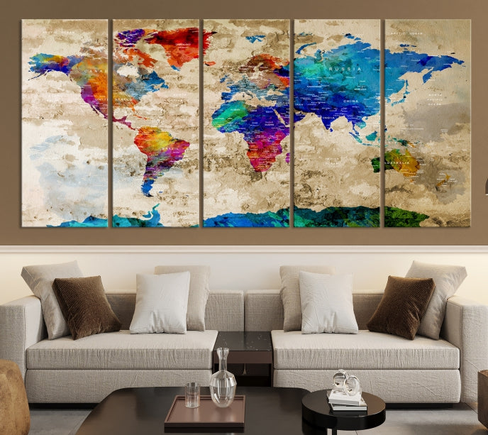 Detailed Push Pin Large World Map Canvas Wall Art Print Gift Ideas for Traveler