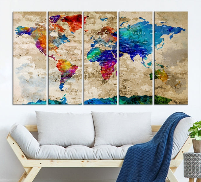 Detailed Push Pin Large World Map Canvas Wall Art Print Gift Ideas for Traveler