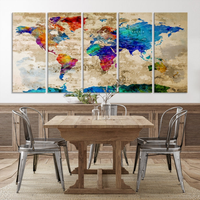 Detailed Push Pin Large World Map Canvas Wall Art Print Gift Ideas for Traveler