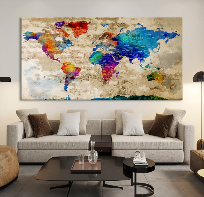 Detailed Push Pin Large World Map Canvas Wall Art Print Gift Ideas for Traveler