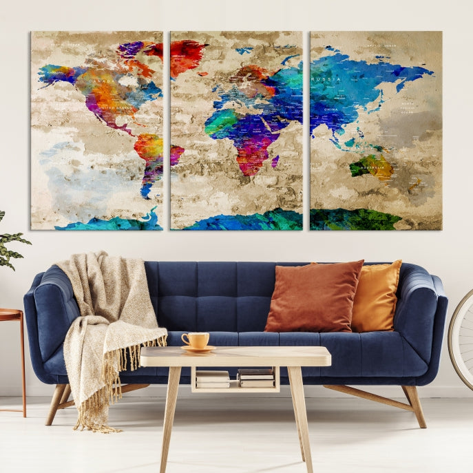 Detailed Push Pin Large World Map Canvas Wall Art Print Gift Ideas for Traveler