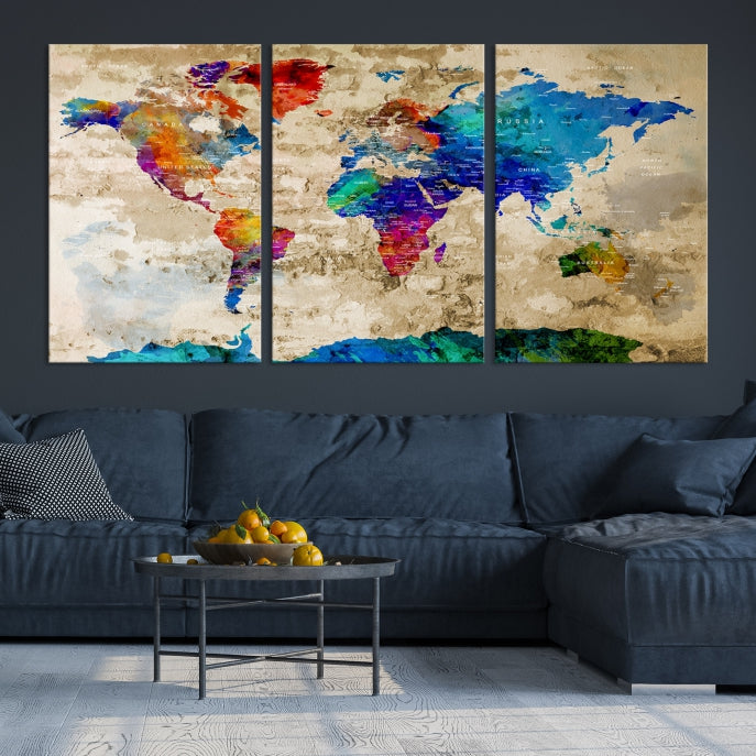 Detailed Push Pin Large World Map Canvas Wall Art Print Gift Ideas for Traveler