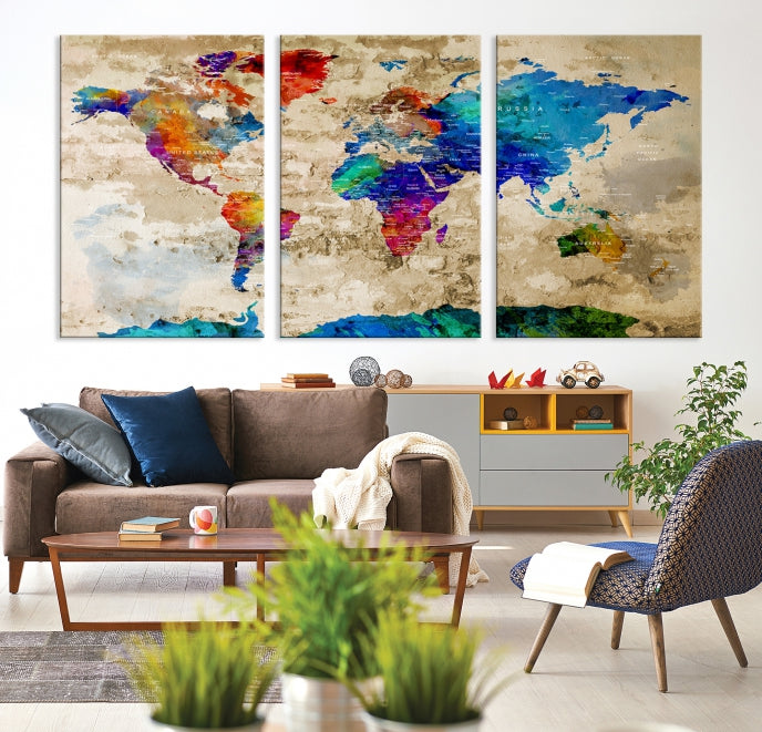 Detailed Push Pin Large World Map Canvas Wall Art Print Gift Ideas for Traveler