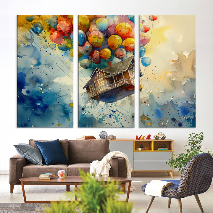 Disney Pixar Up Floating House Canvas Print, Vibrant Carl Fredricksen Balloon House and House Wall Art for Living Room or Office Decor, Ready to Hang