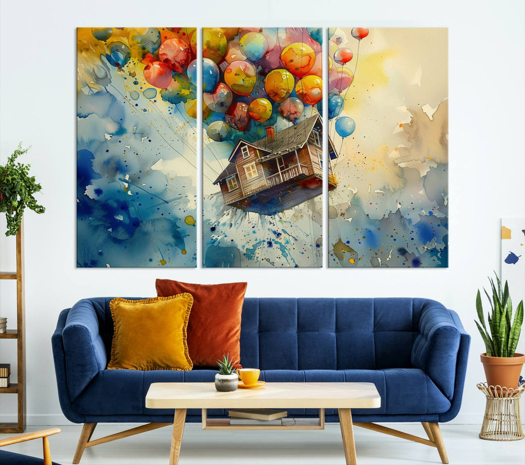 Disney Pixar Up Floating House Canvas Print, Vibrant Carl Fredricksen Balloon House and House Wall Art for Living Room or Office Decor, Ready to Hang