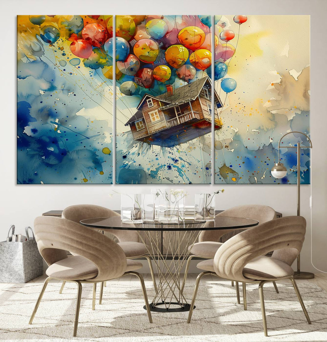 Disney Pixar Up Floating House Canvas Print, Vibrant Carl Fredricksen Balloon House and House Wall Art for Living Room or Office Decor, Ready to Hang