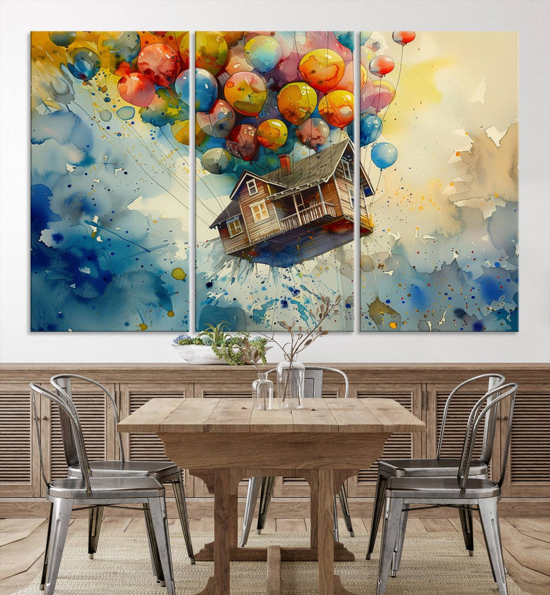 Disney Pixar Up Floating House Canvas Print, Vibrant Carl Fredricksen Balloon House and House Wall Art for Living Room or Office Decor, Ready to Hang