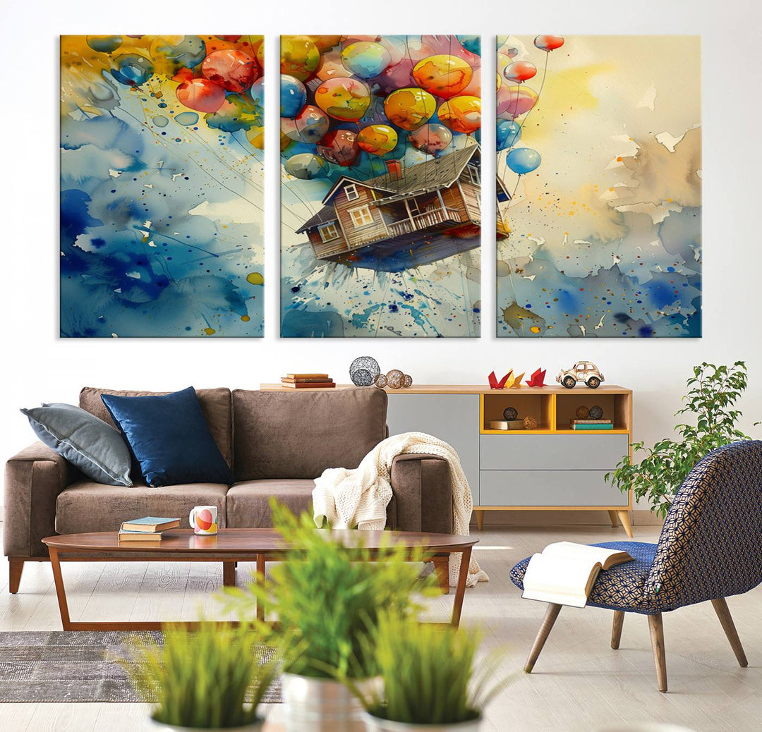 Disney Pixar Up Floating House Canvas Print, Vibrant Carl Fredricksen Balloon House and House Wall Art for Living Room or Office Decor, Ready to Hang